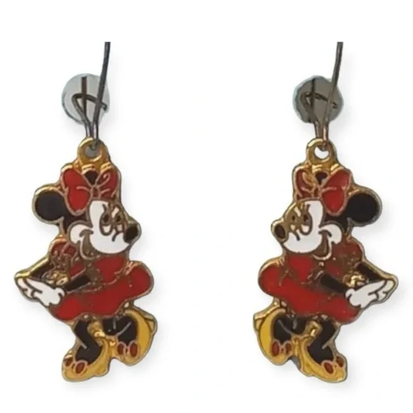 Vintage Disney Minnie Mouse Enamel Dangle French Wire Hook Earrings 2” 1995 - Picture 1 of 8